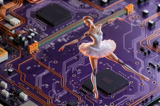 3l3ctronics, a hyper realistic long shot of (((a dancing ballerina cyborg merged into PCB traces))), capistors, transitors and resistors, bokeh purple and orange PCB backdrop