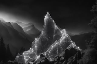 c0nst3llation, ((a transparent crystal watterfall made out of constellation style and signs with stars dripping down the mountains)), bokeh black and white nature backdrop
