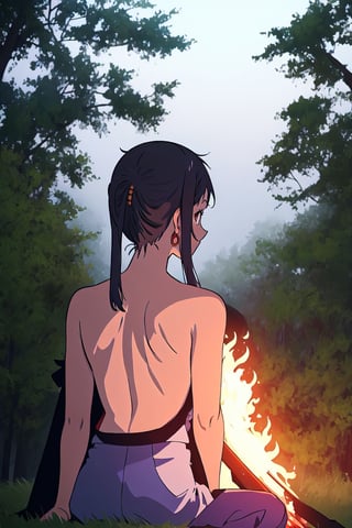 one piece yamato  one piece in the forest with a campfire night  night solo camping demon woman, frontlocks, short hair, back view