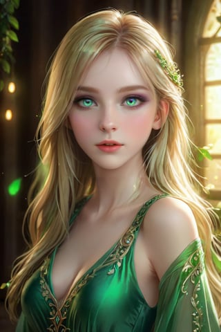 FACE FOCUS, Extra long blonde HAIRED WOMAN, half body sitting pose, top_view, best quality, masterpiece, beautiful and aesthetic, 16K, (HDR:1.4), high contrast, (vibrant color:0.5), , (tmasterpiece, best:1.2), (LONG_BLONDE_STRAIGHT_HAIR_NOBLE_GIRL:1.5), perfect hands, gorgeous perfect symmetrical eyes, (GREEN FANTASY DRESS:1.5), intricate detailing, finely eye and detailed face, pale skin, extremely long hair, green eyes, detailed gorgeous green eyes, gorgeous kind face, soft features,  european kind features, Perfect eyes, Equal eyes, Fantastic lights and shadows、 Uses backlight and rim light, huoshen, FANTASY BACKGROUND , More Detail, zhurongshi, breakdomain,1 girl,Niji,CFNKCL
