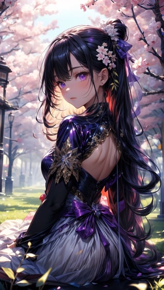 FACE FOCUS, Black HAIRED WOMAN, full body seiza pose, top_view, best quality, masterpiece, beautiful and aesthetic, 16K, (HDR:1.4), high contrast, (vibrant color:0.5), , (tmasterpiece, best:1.2), (LONG_DARK_STRAIGHT_HAIR_HUMAN_GIRL:1.5), perfect hands, gorgeous perfect symmetrical eyes, (wears detailed ornated fantasy dress:1.5), intricate detailing, finely eye and detailed face, extremely long hair, flower in hair, sitting under cherry tree, purple cherry blossom, purple fantasy dress, purple eyes, cute face, small breast, Perfect eyes, Equal eyes, Fantastic lights and shadows、 Uses backlight and rim light, huoshen, FANTASY BACKGROUND , More Detail, zhurongshi, breakdomain,1 girl,Niji style ,YorForger,yoimiyadef,glitter