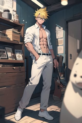 young man, hair up, light yellow hair, glasses, blind, handsome, abs, white shirt, relaxed look, innocent expression,cartoon
