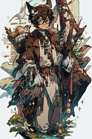 (((1boy))), ((teenager)), ((mature)), (neutral background), (detailed eyes), (upperbody), (symmetrical eyes), (looking at viewer), medieval, fantasy, sharp jawline, weird haircut, ginger hair, freckles, big glasses, oversized peasant outfit, worn out clothes, (happy:1.4), (straight hips), skinny, ((brown colored clothes)), ((dark clothes)), ((work gloves)), belt, pants,cartoon,Animal ear, ultra detail,