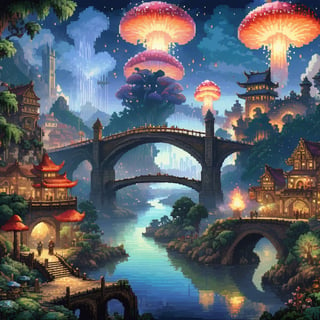 pixel style,(Masterpiece:1.2), extremely intricate details, ff14style, Dynamic painting, depicting a bustling city with a majestic bridge, thrown across wide rivers, Surrounded by towering giant mushrooms. A huge landscape with bright colors, fireworks,High detailed