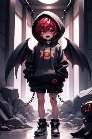 (best quality: 1.2), (illustration), (very detailed), (high quality), 1boy, :},, Red eyes Red hair with white streaks in hair in a room full of blood and spooky chains and wearing a hoodie long black Handsome man with very short hair, crying blood {Messy Hair} shiny eyes wearing big white wings wings of heaven afternoon background on the beach standing radiant towards the picture Very Large Hoodie {Full Body}