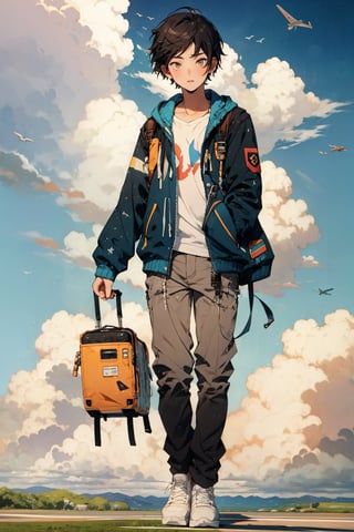 1boy,short hair, sky background, upper body, short-hair, airplane jacket