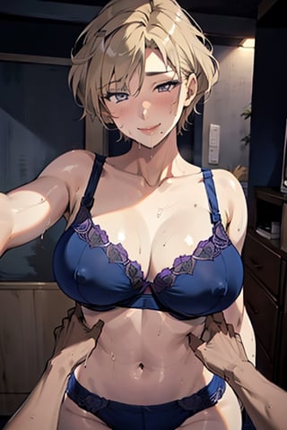 (breasts_grab:1.5),masterpiece,best_quality, extremely detailed face, perfect lighting, 1girl (hand_behind_head:1.3), solo, povbreastgrab, (pov hands), 1boy, boy hands,large_breasts, (navyblue_bra:1.3),pink_nipple,(curvy_figure),

lying on back,on bed,short hair,blonde_hair,purple_eyes,mature female,haruka,makeup,soaked_body,shy,smile,mouth_open,sweating_profusely,milf,messy_hair