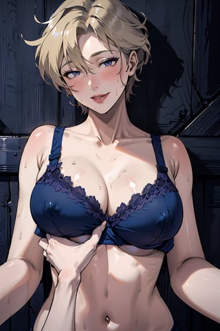 (breasts_grab:1.5),masterpiece,best_quality, extremely detailed face, perfect lighting, 1girl (hand_behind_head), solo, povbreastgrab, (pov hands), 1boy, boy hands,large_breasts, (navyblue_bra:1.3),pink_nipple,(curvy_figure:0.7),

lying on back,on bed,short hair,blonde_hair,purple_eyes,mature female,haruka,makeup,soaked_body,shy,smile,mouth_open,sweating_profusely,milf,messy_hair