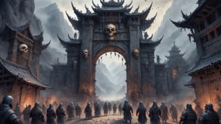 voluminous watercolor, giant city gates, in the mountains, gloomy, decorated with skulls, they are guarded by warriors, a crowd of strangely dressed people walk through the gates, horror atmosphere, grotesque, general plan, realistic, 4k, high resolution, high detail, , dim lighting