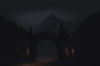 volumetric watercolor, giant city gates, in the mountains, gloomy, decorated with skulls, horror atmosphere, grotesque, general plan, realistic, 4k, high resolution, high detail, , dim lighting