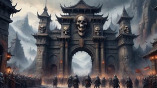 voluminous watercolor, giant city gates, in the mountains, gloomy, decorated with skulls, they are guarded by warriors in terrifying armor, a crowd of strangely dressed people walk through the gates, horror atmosphere, grotesque, general plan, realistic, 4k, high resolution, high detail, , dim lighting