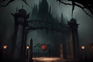 volumetric watercolor, giant city gates, gloomy, decorated with skulls, horror atmosphere, grotesque, general plan, realistic, 4k, high resolution, high detail, , dim lighting