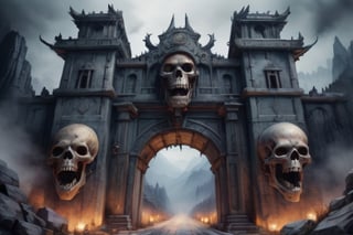 volumetric watercolor, giant city gates, in the mountains, gloomy, decorated with skulls, horror atmosphere, grotesque, general plan, realistic, 4k, high resolution, high detail, 