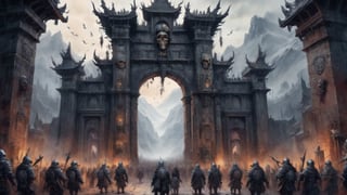 voluminous watercolor, giant city gates, in the mountains, gloomy, decorated with skulls, they are guarded by warriors in terrifying armor, a crowd of strangely dressed people walk through the gates, horror atmosphere, grotesque, general plan, realistic, 4k, high resolution, high detail, , dim lighting