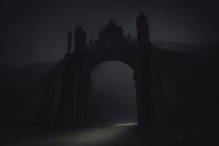 volumetric watercolor, giant city gates, in the mountains, gloomy, decorated with skulls, horror atmosphere, grotesque, general plan, realistic, 4k, high resolution, high detail, , dim lighting