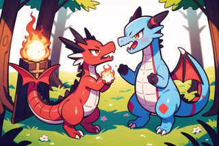 cute red dragon breathing fire, Pokémon style dragon, lucious green forest 