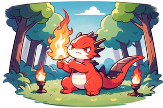 cute red dragon breathing fire, Pokémon style dragon, lucious green forest 