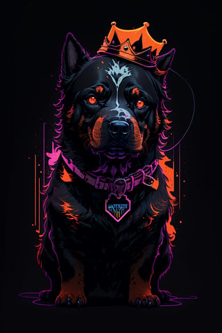 masterpiece, best quality, ultra high res, a cute rottweiler, animal, beautiful, visually stunning, elegant, incredible details, award-winning painting, high contrast, vector art, line art, splatter, flat color, color merge gradient, (dog:0.7), (dark black theme:1.2), (orange neon color), glowing, orange neon, crown, dog eyes, 