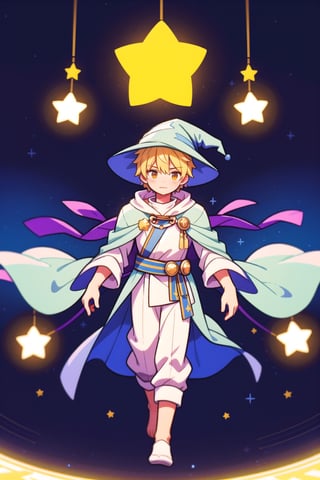 Male wizard floating in space, light blue robes with yellow stars, light blue hat with yellow stars