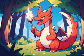 cute red dragon breathing fire, Pokémon style dragon, lucious green forest 