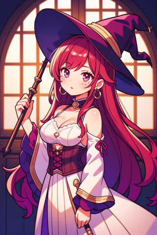 Mature female, long ginger hair, extremely long hair, beauty mark, burgundy eyes, earrings, medium breasts, boob window, exposed shoulders 

Burgundy Witches hat, white feather on hat, long white dress, burgundy top, burgundy corset, white collar, gold arm brazers, magic staff