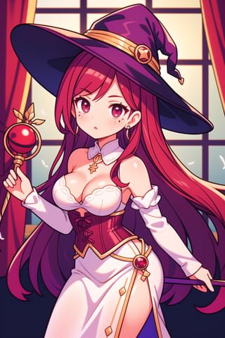 Mature female, long ginger hair, extremely long hair, beauty mark, burgundy eyes, earrings, medium breasts, boob window, exposed shoulders 

Burgundy Witches hat, feather on hat, long white dress, burgundy top, burgundy corset, white collar, gold arm brazers, magic staff