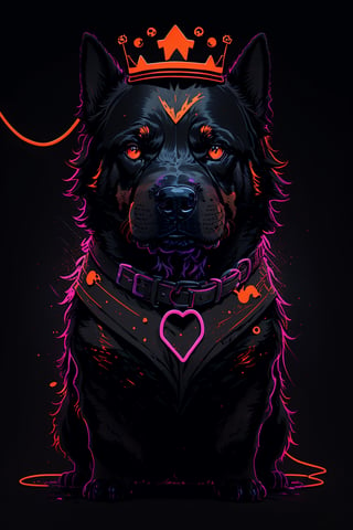 masterpiece, best quality, ultra high res, a cute rottweiler, animal, beautiful, visually stunning, elegant, incredible details, award-winning painting, high contrast, vector art, line art, splatter, flat color, color merge gradient, (dog:0.7), (dark black theme:1.2), (orange neon color), glowing, orange neon, crown, dog eyes, 