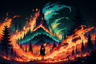 Windswept fire sweeping across a forest, a warlocks silhouette among neon green fire

tshee00d,tshee00d,vector style