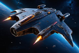 masterpiece,  pturbo,  1Spaceship, (finely detailed),  Galaxy,  planets,  Nexus,  glossy,  outer_space,  deep space,  zj,  extremely detailed CG unity 8k wallpaper,  cinematic lighting,  (glossy hull plating),  SpaceshipAI,  1 spaceship,  in deep space,  high res,  detailed cockpit,  glossy hull,  side angle view,  nebula in background,  side to side symmetrical,  symmetrical spaceship,  rectangle engines like Millennium Falcon,  Star Wars themed,  VCX-100 light freighter,  shaped like VCX-100 light freighter,  cinematic,  symmetrical faced star-ship,  Star ship,  CGI,  special effects,  VFX,  dynamic lighting,  fly by camera shot,  flattened shape,  heavy fighter,  realistic, 