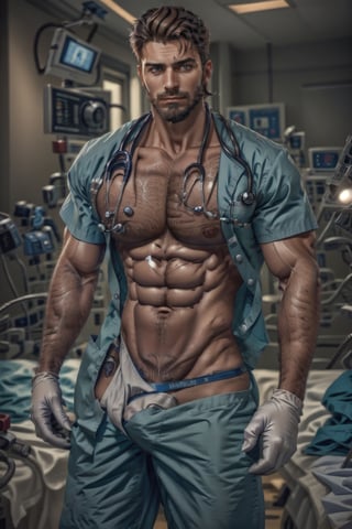 realistic, masterpiece, best quality, detailed, natural lighting, soft shadow, detailed background, photography, depth of field, intricate details, detailed face, subsurface scattering, realistic eyes, muscular, photo of a handsome (italian man), sexydoctor, scrubs, (25 years old), beard, gloves, hospital,sexypirate, crotch_bulge, huge underwear_bulge