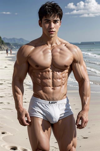 Realistic, handsome men,underwear_bulge ,beach , pubic_hair_(male), white jockstrap,sexytrainer