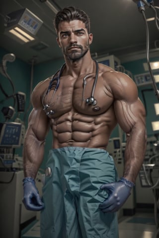 realistic, masterpiece, best quality, detailed, natural lighting, soft shadow, detailed background, photography, depth of field, intricate details, detailed face, subsurface scattering, realistic eyes, muscular, photo of a handsome (italian man), sexydoctor, scrubs, (25 years old), beard, gloves, hospital,