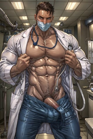 male, gigantic_breast, hairy,sexydoctor, underwear_bulge, pubic_hair, has pants on,STETHOSCOPE,COAT/SHIRT/SCRUBS,SURGICAL MASK,SEXYSAILOR