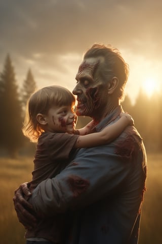 (8K RAW photo, Realistic, highres, detailed_background), a loving zombie father hugging a child, caring, tender, warm sunlight
