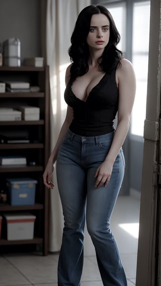Krysten Ritter in the charactors and hairstyles of TV show Breaking Bad, sexy woman at the age of 45, big boos, wearing jeans, showing curve of breasts and waists, nice buttocks, sexy curves, sexy faces, detailed faces, realist, 170 cm height, 