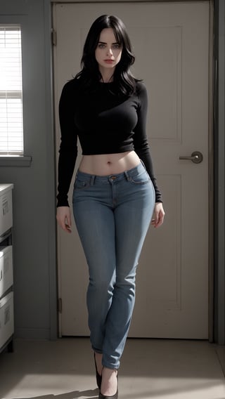 Krysten Ritter in the charactors and hairstyles of TV show Breaking Bad, sexy woman at the age of 45, big boos, wearing jeans, showing curve of breasts and waists, nice buttocks, sexy curves, sexy faces, detailed faces, realist, 170 cm height, 