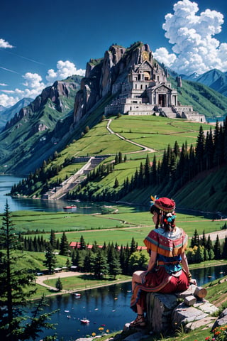 masterpiece, best quality, High resolution, anime style, View looking down from the top of the mountain, (1girl), (Back view of a girl sitting on top of a mountain), (wearing a white dress and feather headress), mountain flowers are blooming around her, in the valley ahead is a large lake, ((There is a large inca temple on the other side of the lake)), around the lake is a meadow with a forest of use trees and settlements in places, blurry_light_background