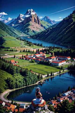 masterpiece, best quality, High resolution, anime style, View looking down from the top of the mountain, (1girl), (Back view of a girl sitting on top of a mountain), (wearing a white dress and feather headress), mountain flowers are blooming around her, in the valley ahead is a large lake, ((There is a large inca temple on the other side of the lake)), around the lake is a meadow with a forest of use trees and settlements in places, blurry_light_background