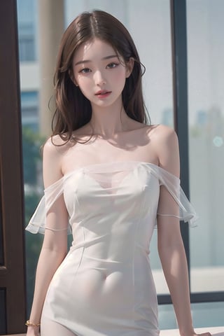 8k, masterpiece, best quality, realistic, sharp focus, , extremely detailed,see-through,skiny body,see through off shoulder dress