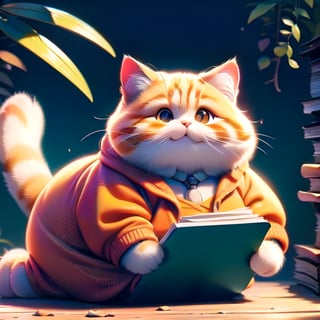 A CUTE cat, ORANGE colors, fat, open the book, Very fatter, happy, big book, jungle,cat , read the book,birman cat,Obese