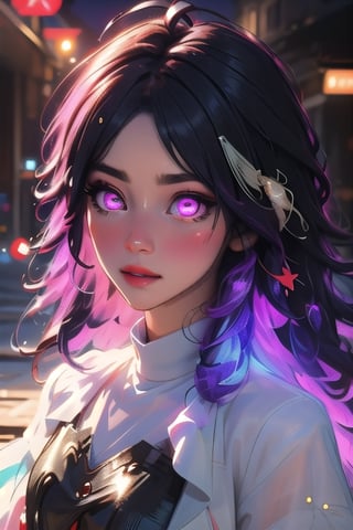 (masterpiece), best quality, expressive eyes, perfect face, glowing eyes, hair ornament, rainbow hair, bangs, Volumetric Lighting, glitter, dress, blush stickers, glitter, High detailed, SAM YANG, long hair