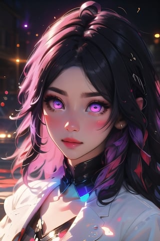 (masterpiece), best quality, expressive eyes, perfect face, glowing eyes, hair ornament, rainbow hair, bangs, Volumetric Lighting, glitter, dress, blush stickers, glitter, High detailed, SAM YANG, long hair