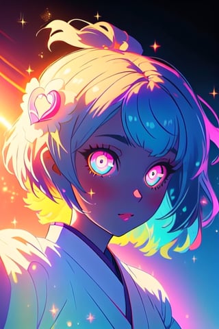(masterpiece), best quality, expressive eyes, perfect face, glowing eyes, short hair, rainbow hair, heart-shaped pupils, hair ornament,  backlight, night, Volumetric Lighting, glitter, kimono, sexy selfie, double v finger sign,