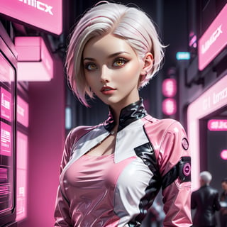a beautiful and sexy woman, WHITE SHORT HAIR,, Cyberpunk, ((((((perfect FUL  body STANDING)))))) wiDE HIPS ((((PINK LATEX VERY TIHGT  clothing))) ), perfect eyes, sci-fi masterpiece, 