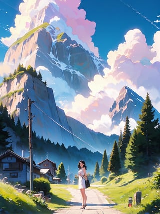 Beautiful pastel background wallpaper, blue sky, grindelwald, switzerland, interlaken, mountain, vivid, magnificent view, lungern, clouds, sunshine, hot summer, crossing, detailed trees, green grass, hot_pants, detailed background, 8k, details, ultra realistic, pastelbg, breakdomain, (yumi,1girl, 19years old korean girl, standing on a stepstones in a yellow one-piece mini dress, white dress, white pencil_skirt),Big breast, closeup, detailed face, 