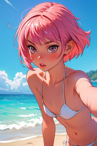 1 Girl, Pink Hair, Skinny, 18yo, short_hair, selfie, white bikini, small tits, small breast, pout
Beach, ocean, Blurred background,
Front view, pov camera, selfie