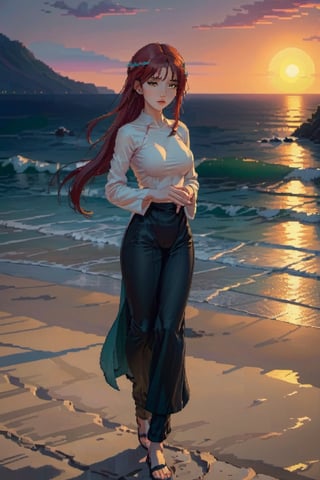 pixel style, xxmix_girl,a woman, a beach at sunset,  The sea stretches out behind her, creating a stunning aesthetic and atmosphere with a rating of 1.2.,makima,Mechanical part