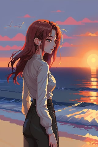 pixel style, xxmix_girl,a woman, a beach at sunset,  The sea stretches out behind her, creating a stunning aesthetic and atmosphere with a rating of 1.2.,makima