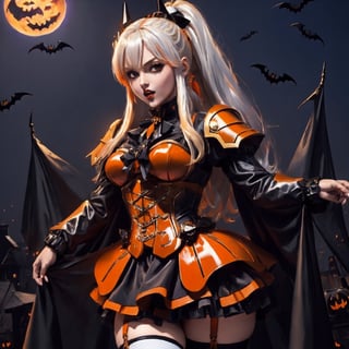  High quality, masterpiece, wallpaper, a beautiful girl wearing orange armor,silvery hair ,thighs, sexy, ponytail, Medium hair, slightly chubby, eye high stockings,Gundam,BJ_Gundam,blackgrand halloween