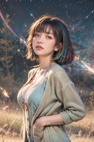 (close-shot photo:1.4) of a beatutiful woman wearing white underwear and cardigan on a open field, embers of memories, colorful, (photo-realisitc), nebula background, nebula theme,exposure blend, medium shot, bokeh, (hdr:1.4), high contrast, (cinematic, teal and green:0.85), (muted colors, dim colors, soothing tones:1.3), low saturation,fate/stay background,yofukashi background,(pureerosface_v1:0.8), (ulzzang-6500-v1.1:0.8),breasts,Beautiful eyes ,ASU1